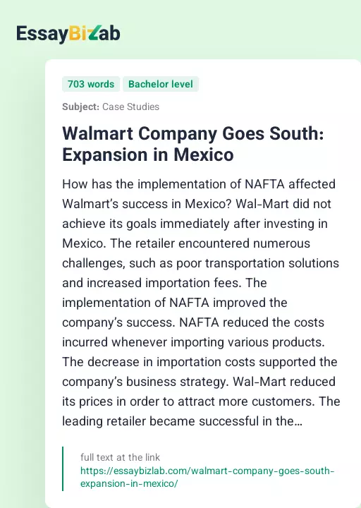 Walmart Company Goes South: Expansion in Mexico - Essay Preview