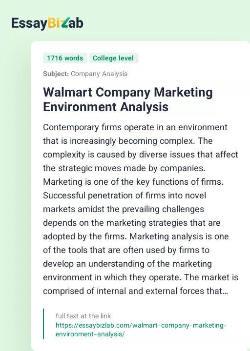 Walmart Company Marketing Environment Analysis - Essay Preview