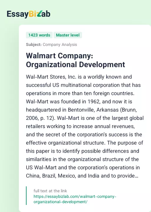 Walmart Company: Organizational Development - Essay Preview