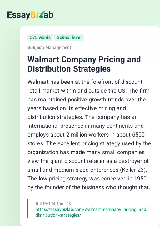 Walmart Company Pricing and Distribution Strategies - Essay Preview
