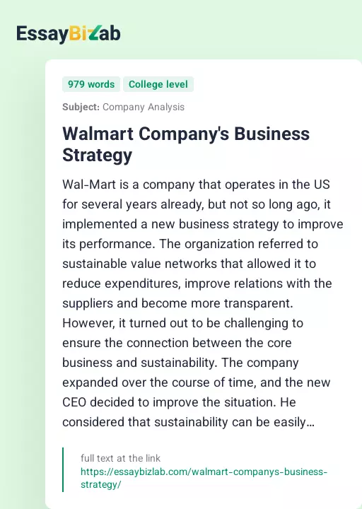 Walmart Company's Business Strategy - Essay Preview
