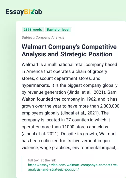 Walmart Company's Competitive Analysis and Strategic Position - Essay Preview