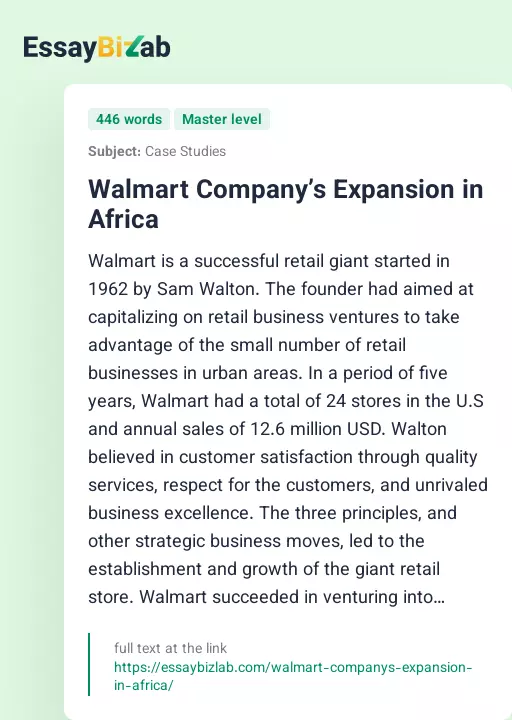 Walmart Company’s Expansion in Africa - Essay Preview