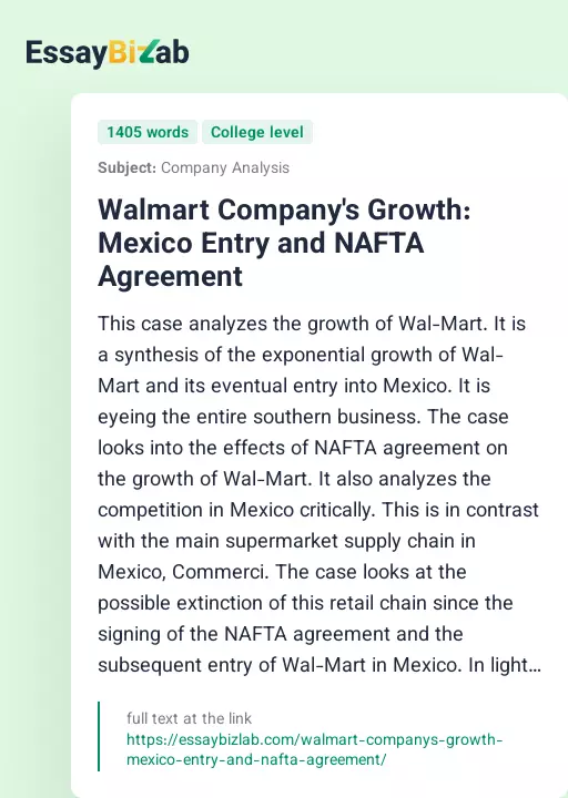 Walmart Company's Growth: Mexico Entry and NAFTA Agreement - Essay Preview