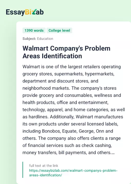 Walmart Company's Problem Areas Identification - Essay Preview