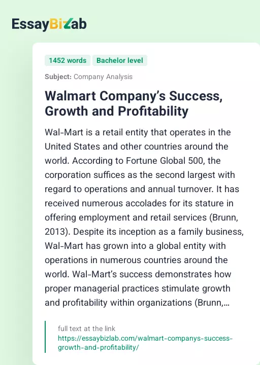 Walmart Company’s Success, Growth and Profitability - Essay Preview