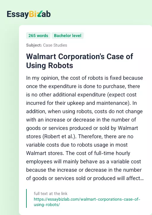 Walmart Corporation's Case of Using Robots - Essay Preview