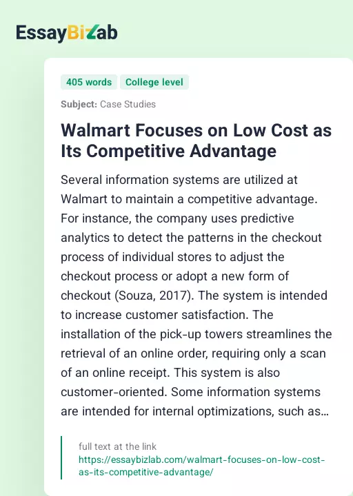 Walmart Focuses on Low Cost as Its Competitive Advantage - Essay Preview