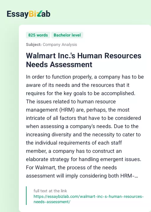 Walmart Inc.'s Human Resources Needs Assessment - Essay Preview