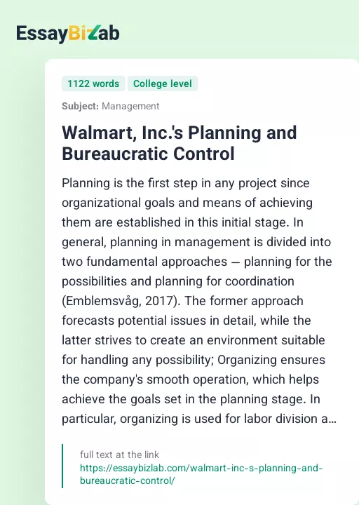 Walmart, Inc.'s Planning and Bureaucratic Control - Essay Preview