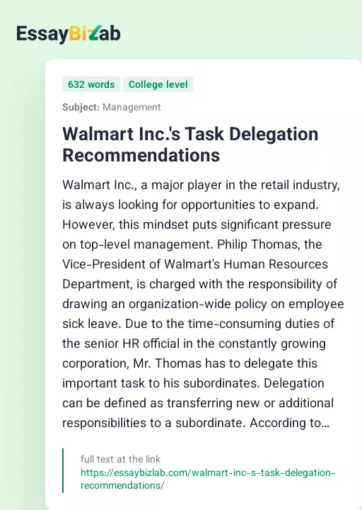 Walmart Inc.'s Task Delegation Recommendations - Essay Preview