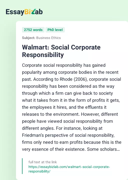 Walmart: Social Corporate Responsibility - Essay Preview