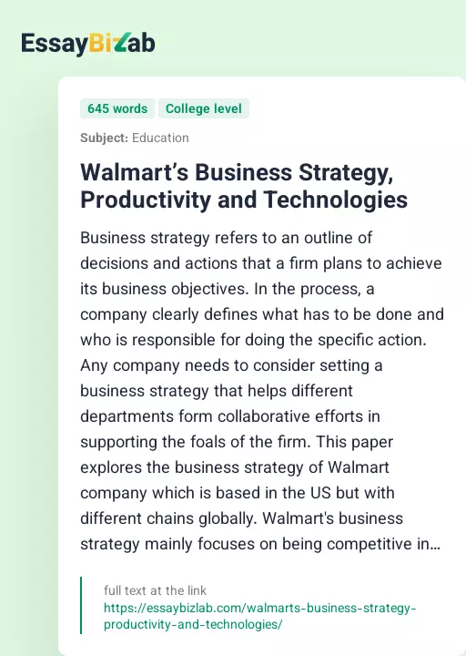 Walmart’s Business Strategy, Productivity and Technologies - Essay Preview