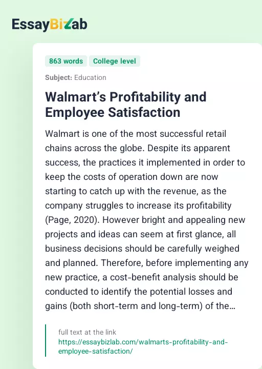 Walmart’s Profitability and Employee Satisfaction - Essay Preview