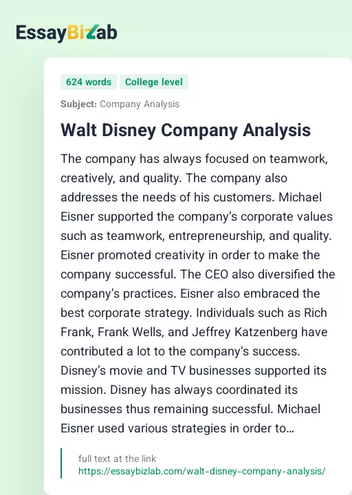Walt Disney Company Analysis - Essay Preview