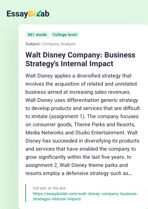 Walt Disney Company: Business Strategy's Internal Impact - Essay Preview