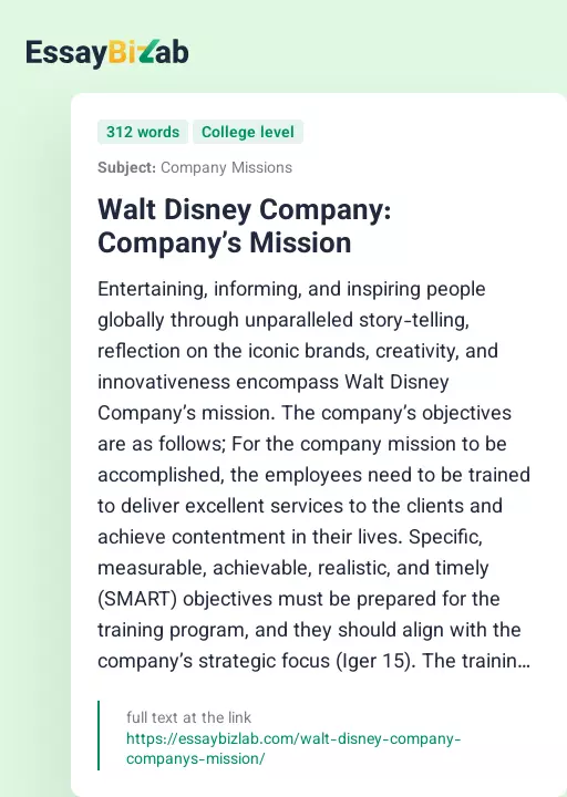 Walt Disney Company: Company’s Mission - Essay Preview