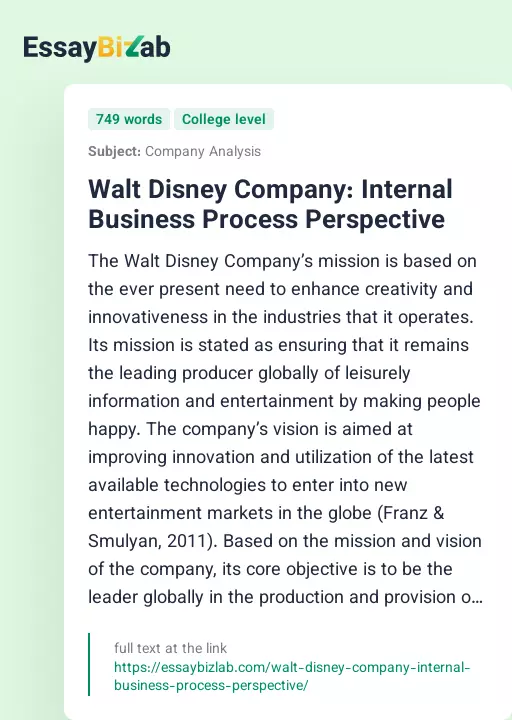 Walt Disney Company: Internal Business Process Perspective - Essay Preview