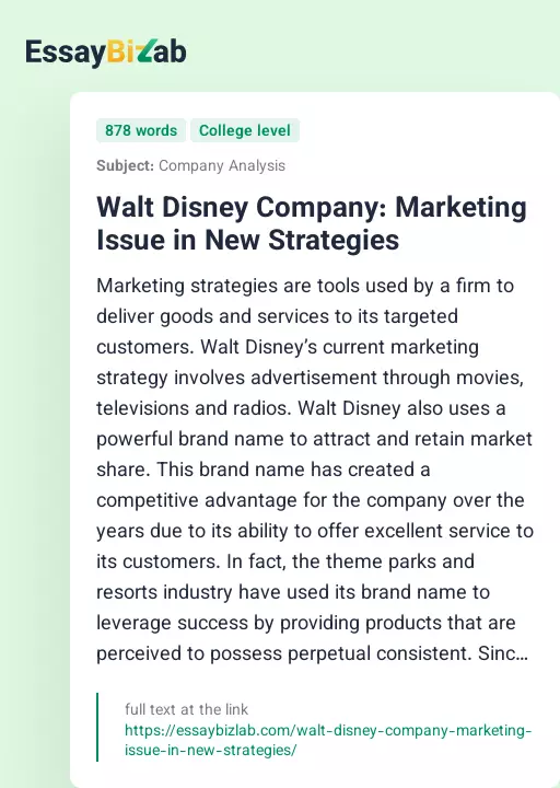 Walt Disney Company: Marketing Issue in New Strategies - Essay Preview