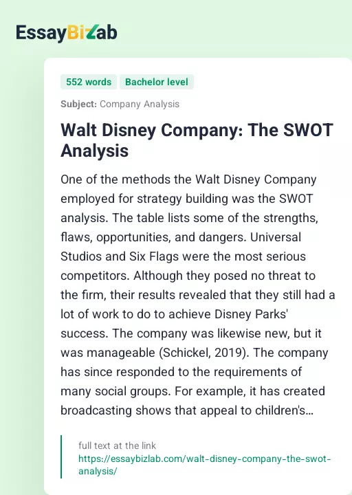 Walt Disney Company: The SWOT Analysis - Essay Preview