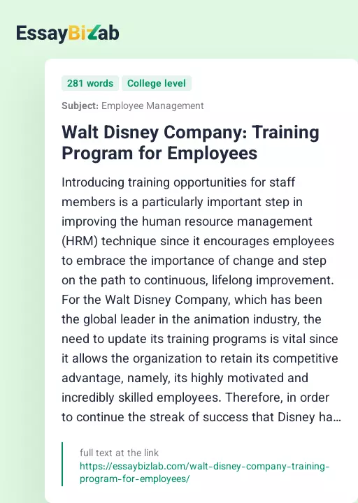 Walt Disney Company: Training Program for Employees - Essay Preview