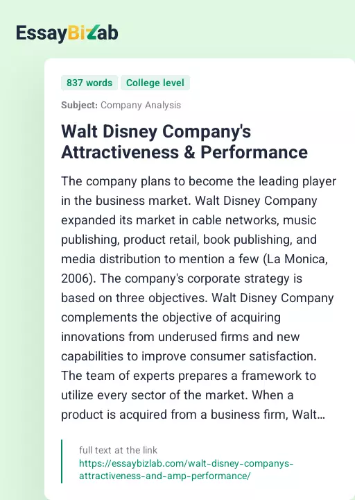 Walt Disney Company's Attractiveness & Performance - Essay Preview