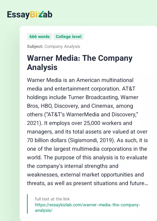 Warner Media: The Company Analysis - Essay Preview