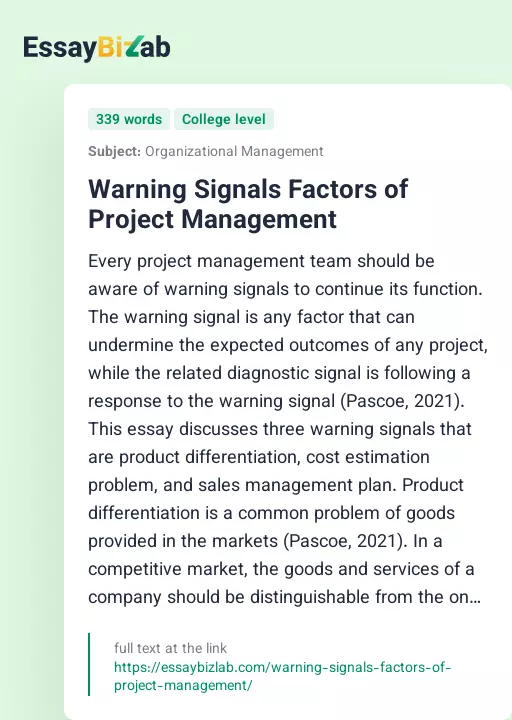 Warning Signals Factors of Project Management - Essay Preview