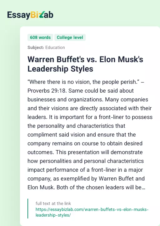 Warren Buffet's vs. Elon Musk's Leadership Styles - Essay Preview