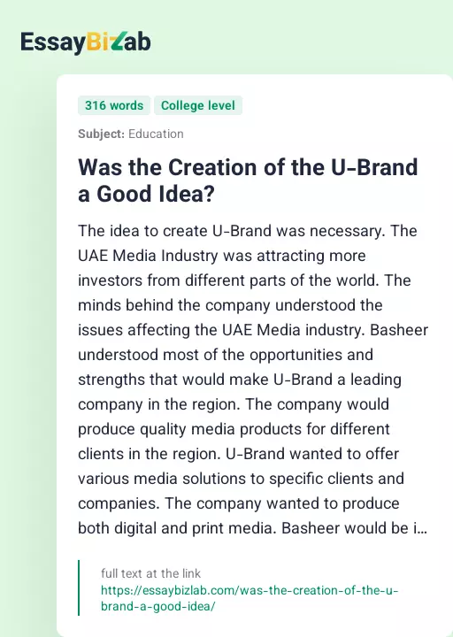 Was the Creation of the U-Brand a Good Idea? - Essay Preview