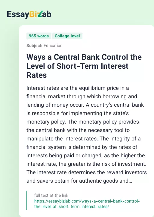 Ways a Central Bank Control the Level of Short-Term Interest Rates - Essay Preview