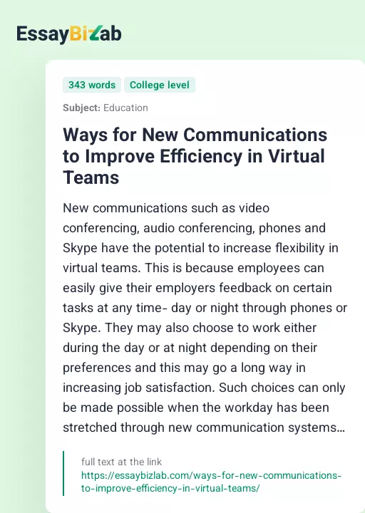 Ways for New Communications to Improve Efficiency in Virtual Teams - Essay Preview