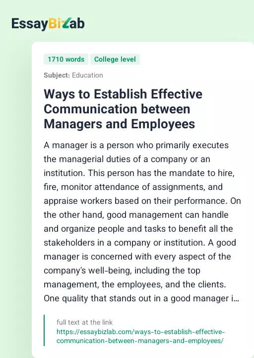 Ways to Establish Effective Communication between Managers and Employees - Essay Preview