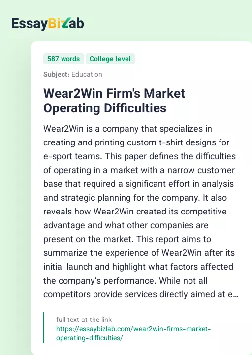 Wear2Win Firm's Market Operating Difficulties - Essay Preview