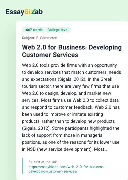 Web 2.0 for Business: Developing Customer Services - Essay Preview
