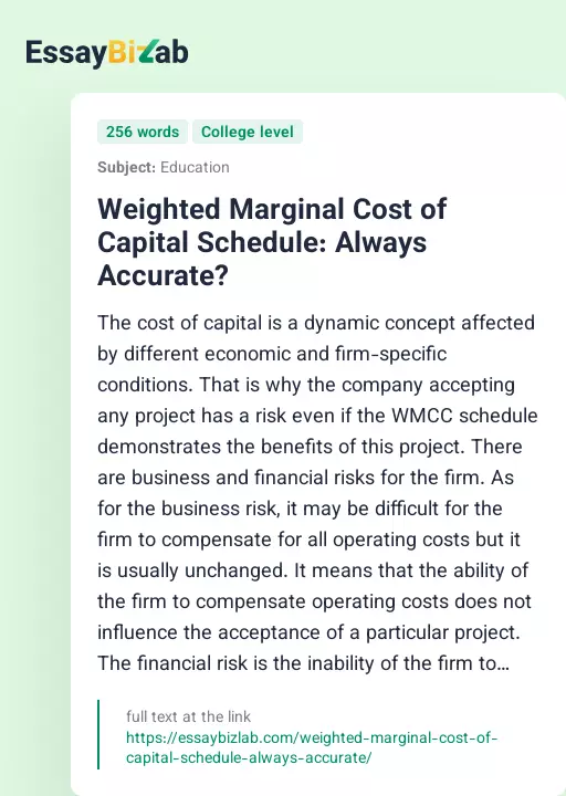 Weighted Marginal Cost of Capital Schedule: Always Accurate? - Essay Preview