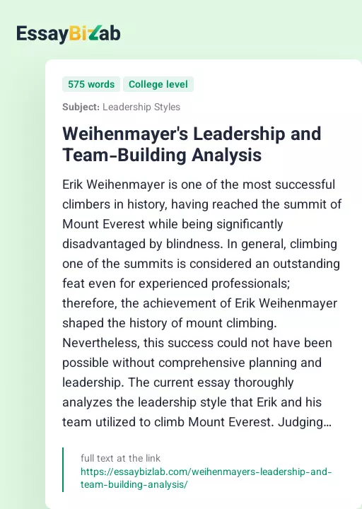 Weihenmayer's Leadership and Team-Building Analysis - Essay Preview