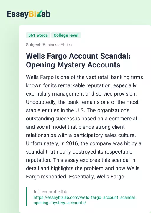 Wells Fargo Account Scandal: Opening Mystery Accounts - Essay Preview