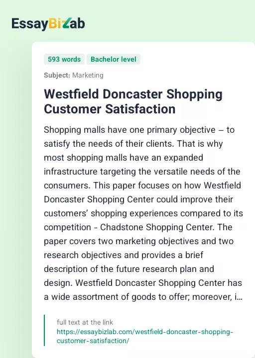 Westfield Doncaster Shopping Customer Satisfaction - Essay Preview