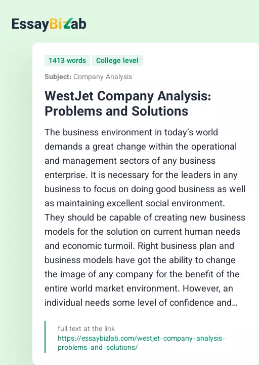 WestJet Company Analysis: Problems and Solutions - Essay Preview