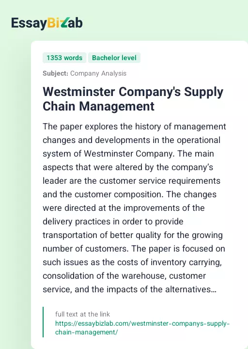 Westminster Company's Supply Chain Management - Essay Preview