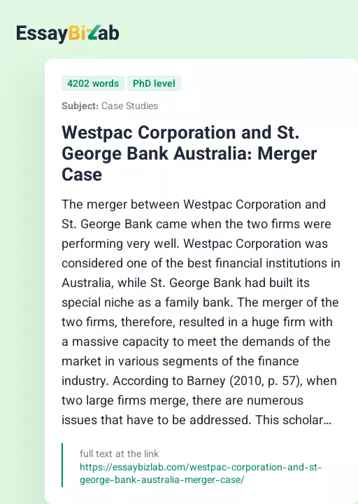 Westpac Corporation and St. George Bank Australia: Merger Case - Essay Preview