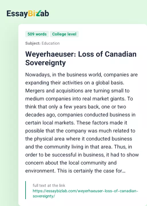 Weyerhaeuser: Loss of Canadian Sovereignty - Essay Preview
