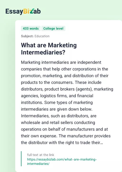 What are Marketing Intermediaries? - Essay Preview