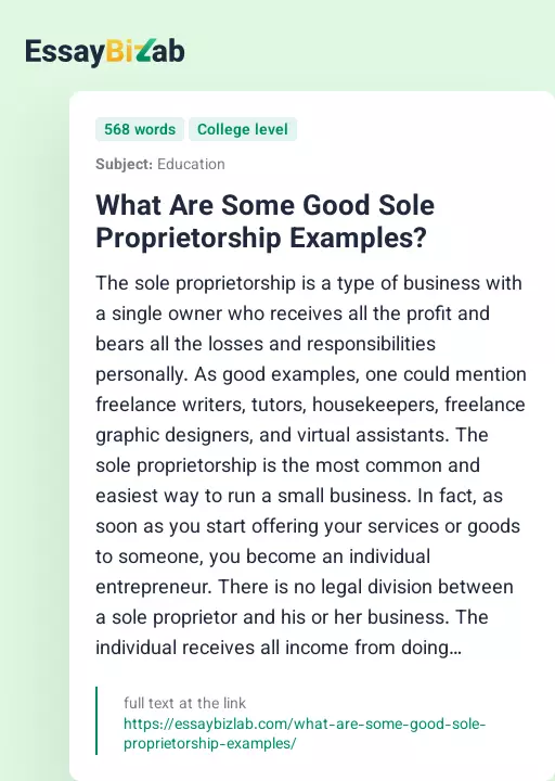 What Are Some Good Sole Proprietorship Examples? - Essay Preview