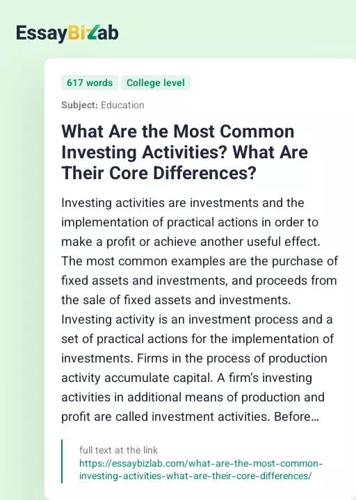 What Are the Most Common Investing Activities? What Are Their Core Differences? - Essay Preview