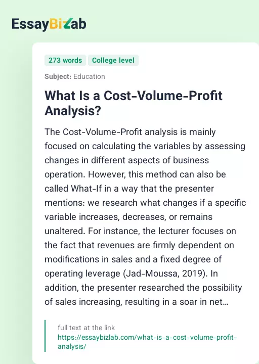 What Is a Cost-Volume-Profit Analysis? - Essay Preview