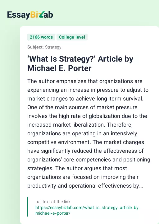 ‘What Is Strategy?’ Article by Michael E. Porter - Essay Preview