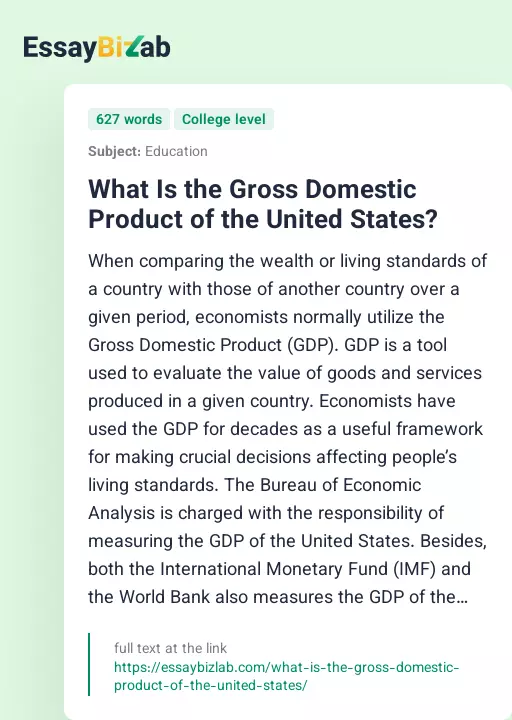 What Is the Gross Domestic Product of the United States? - Essay Preview