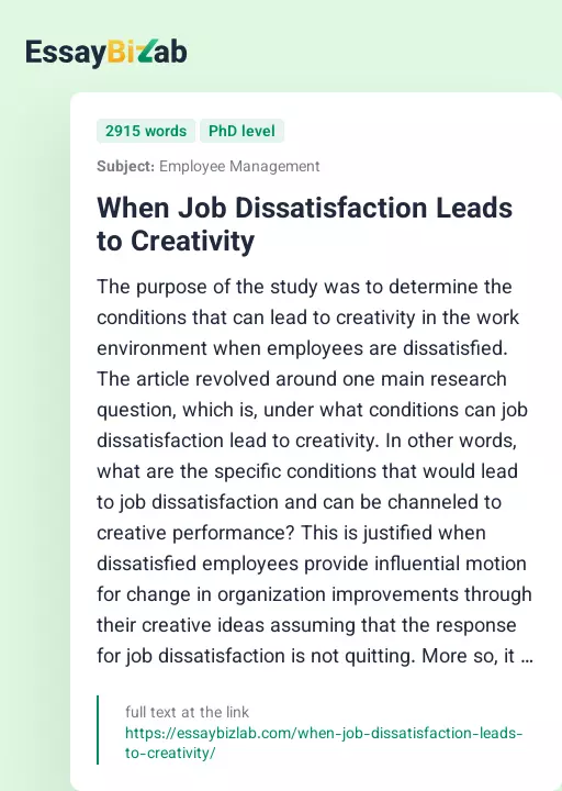 When Job Dissatisfaction Leads to Creativity - Essay Preview